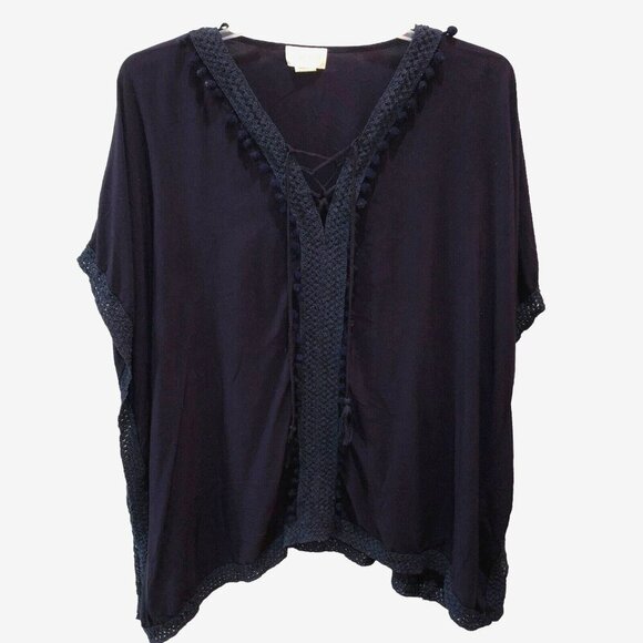 Lulu Womens OSFM Navy Blue Short Sleeve Kaftan Swimming Cover Up Shirt Top - Picture 2 of 10